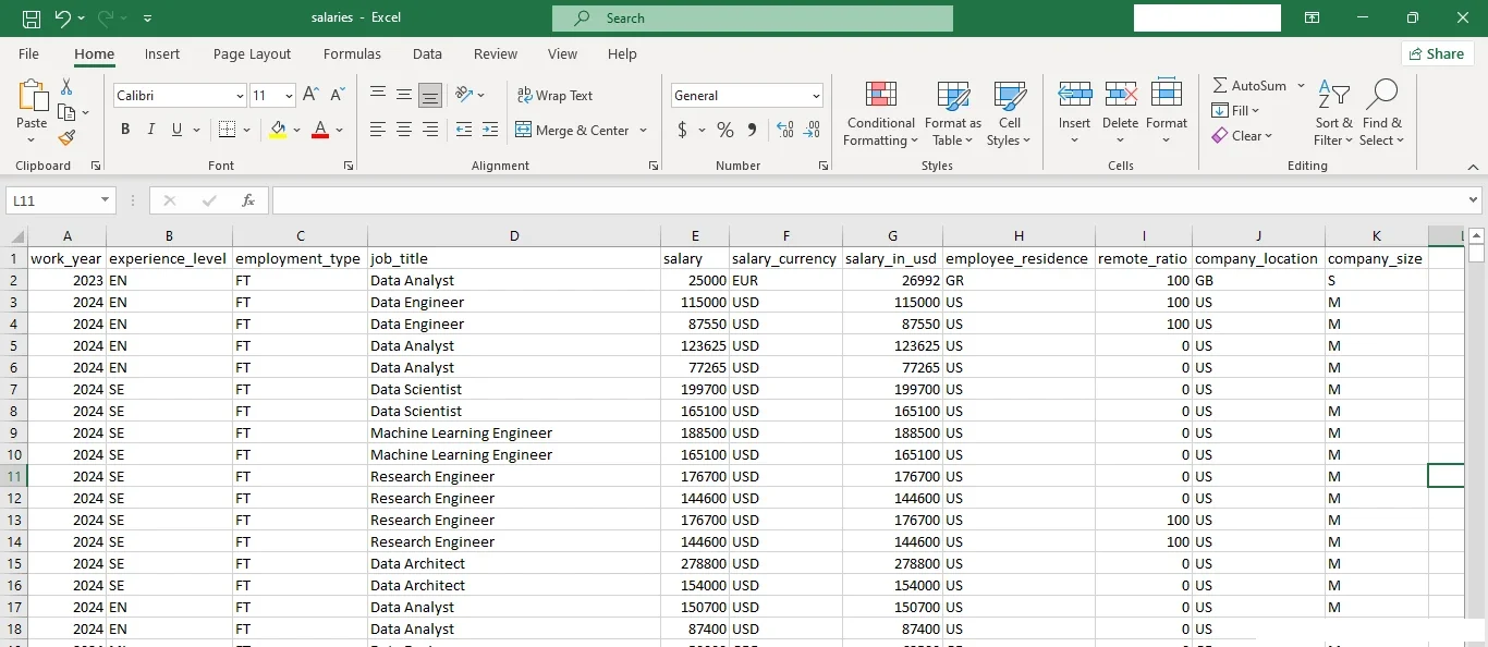 A screenshot showing the data description in its Microsoft Excel format.