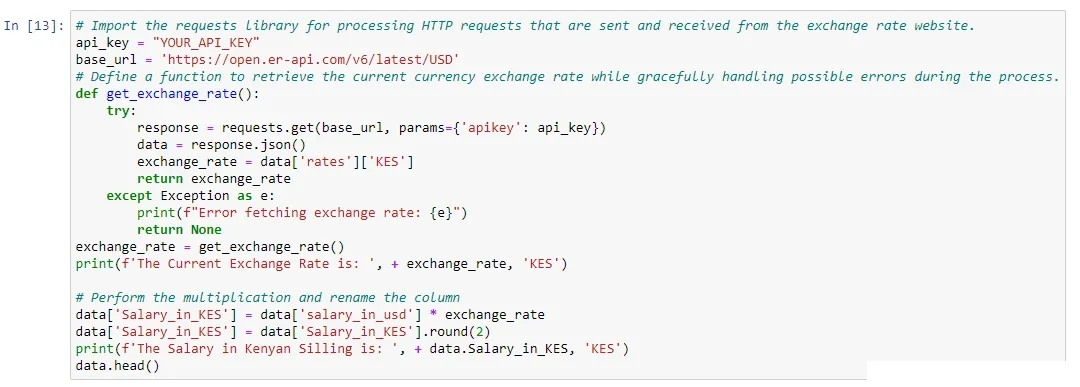 The code snippet for the function used to request for current exchange rate for US Dollar against Shilling.