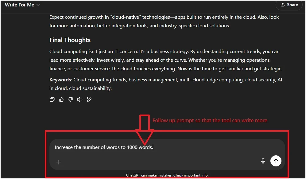 Follow up prompt on the "Write For Me" AI tool in ChatGPT.
