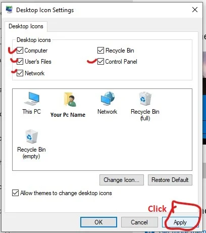 Choose the desired desktop icons by checking the boxes to the left side of each. In-my-case-I-choose-everything-and-clicked-apply