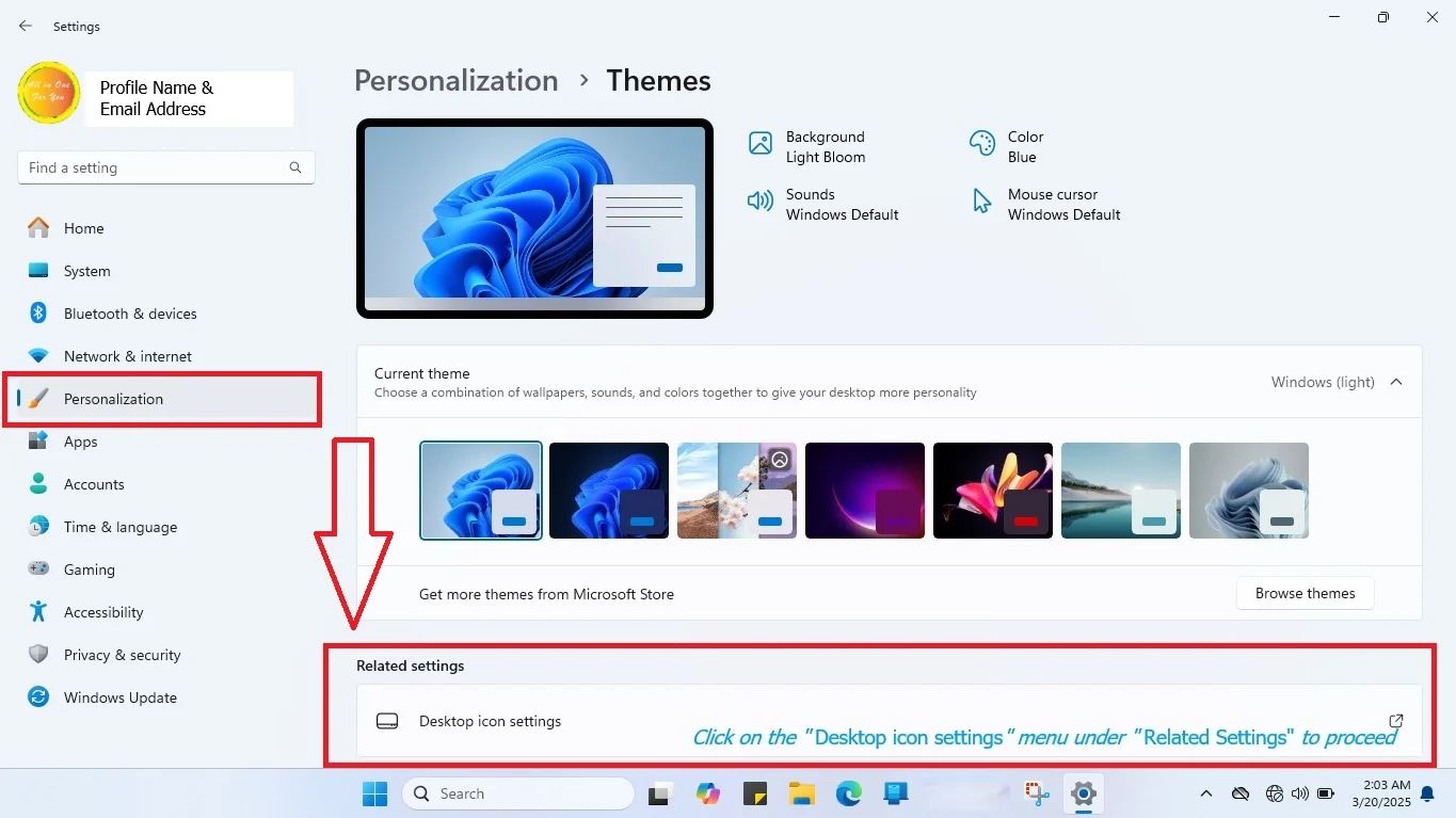 On the personalization menu, click the themes menu bar with an arrow in the right side corner.
