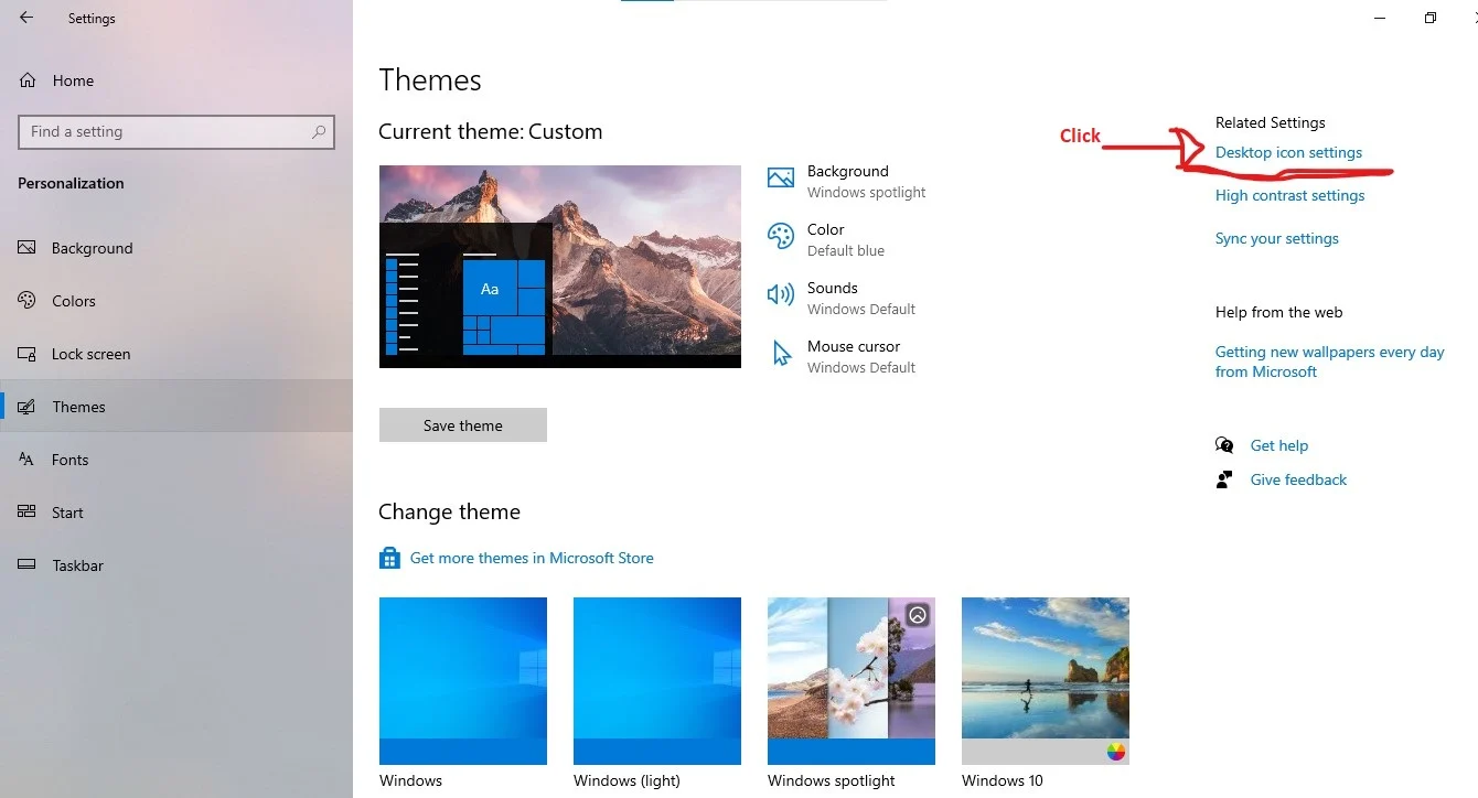 On the Theme Menu_ Under related settings Click the Desktop Icon Settings on the right.