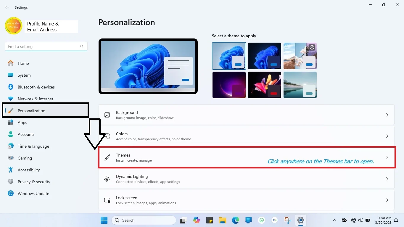 On the personalization settings screen click on the Themes bar menu