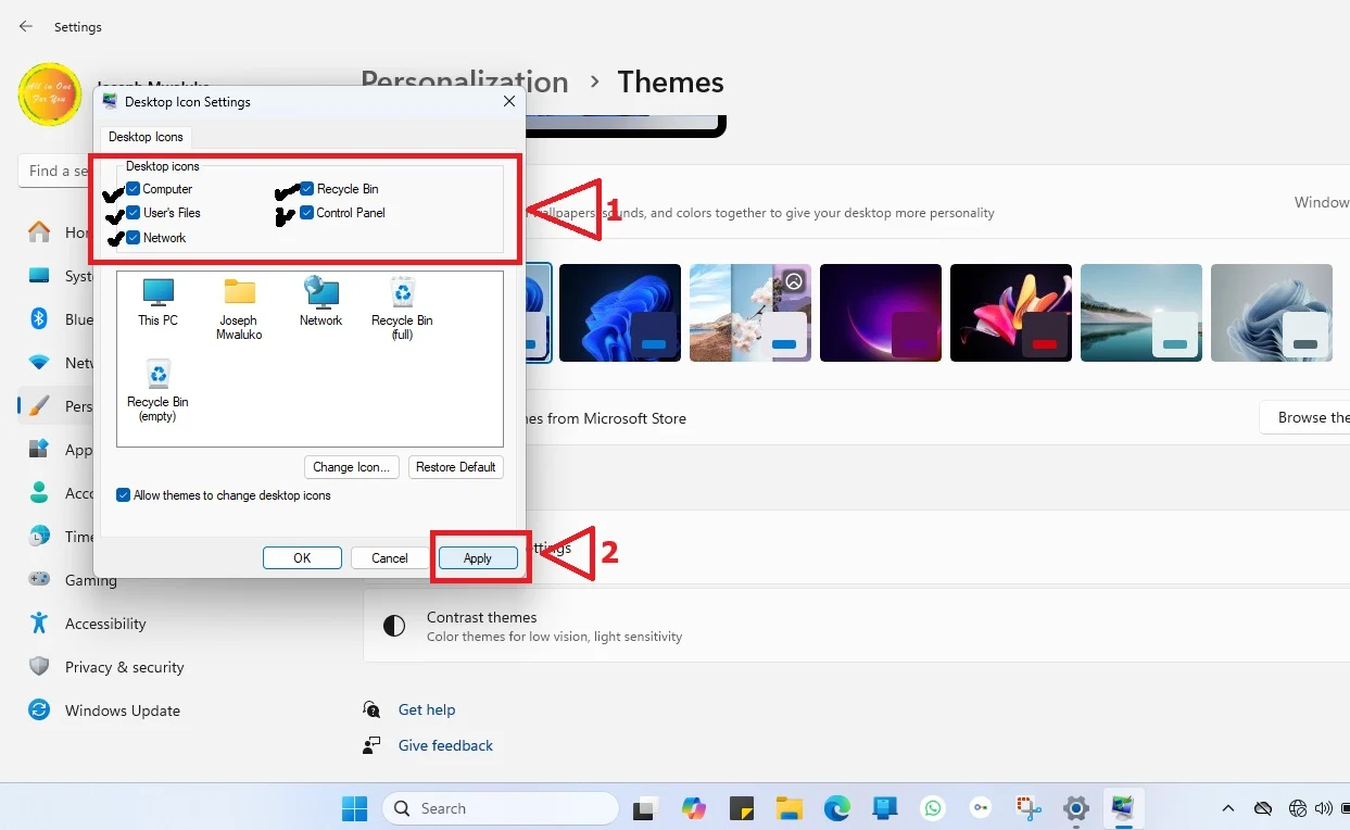 Select all the desired desktop settings icons -