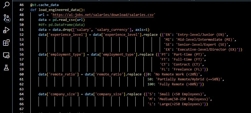 Section 1 of the code snippet used to load the dataset into the web application in Streamlit.